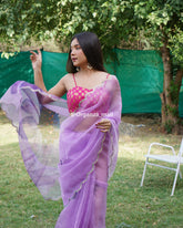 Purple Digital Print Pure Organza Saree